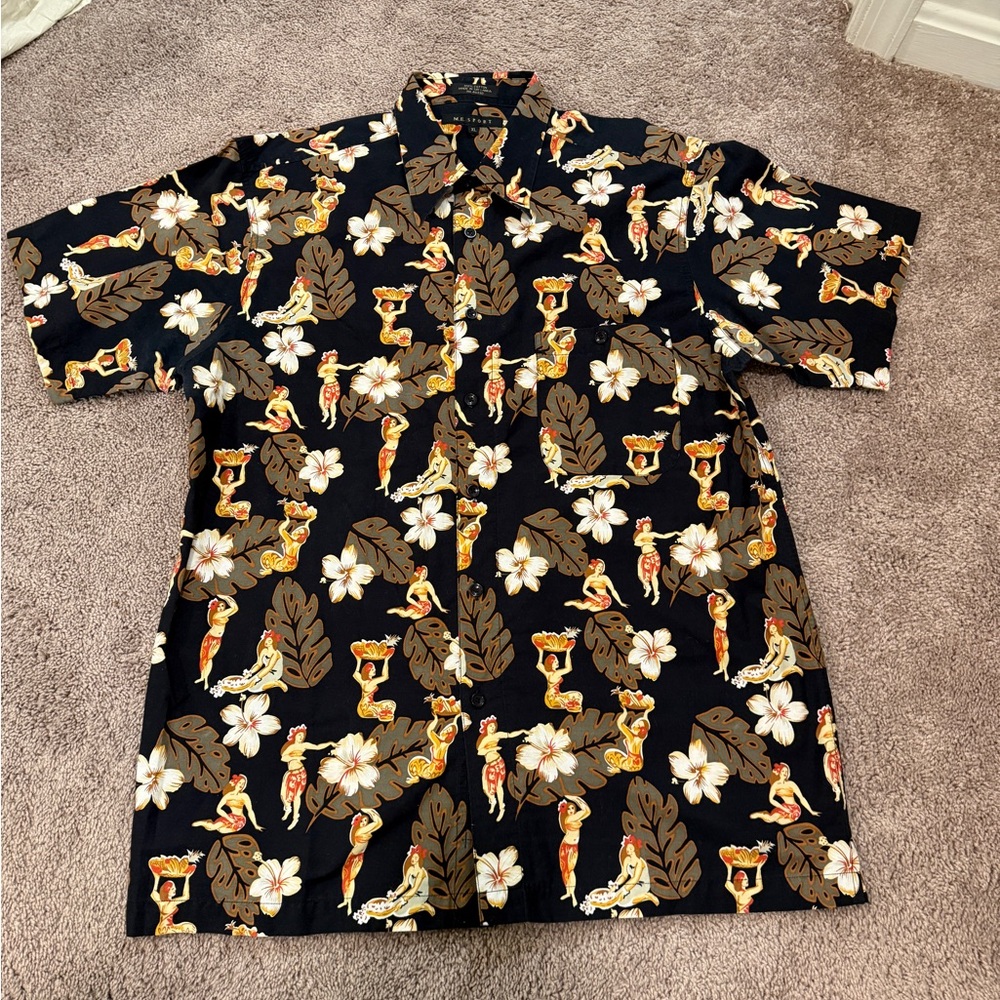 M.E. Sport Hawaiian pin-up hula girls floral button-down summer shirt XL